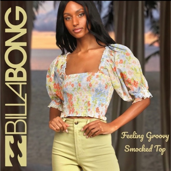BILLABONG Feeling Groovy Smocked Puff Sleeve Crop Top NWT L - Picture 2 of 10